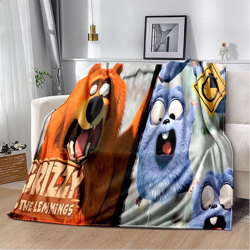 3D Grizzy and The Lemmings Cartoon Blanket,Soft Throw Blanket for Home Bedroom Bed Sofa Picnic Travel Office Cover Blanket Kids