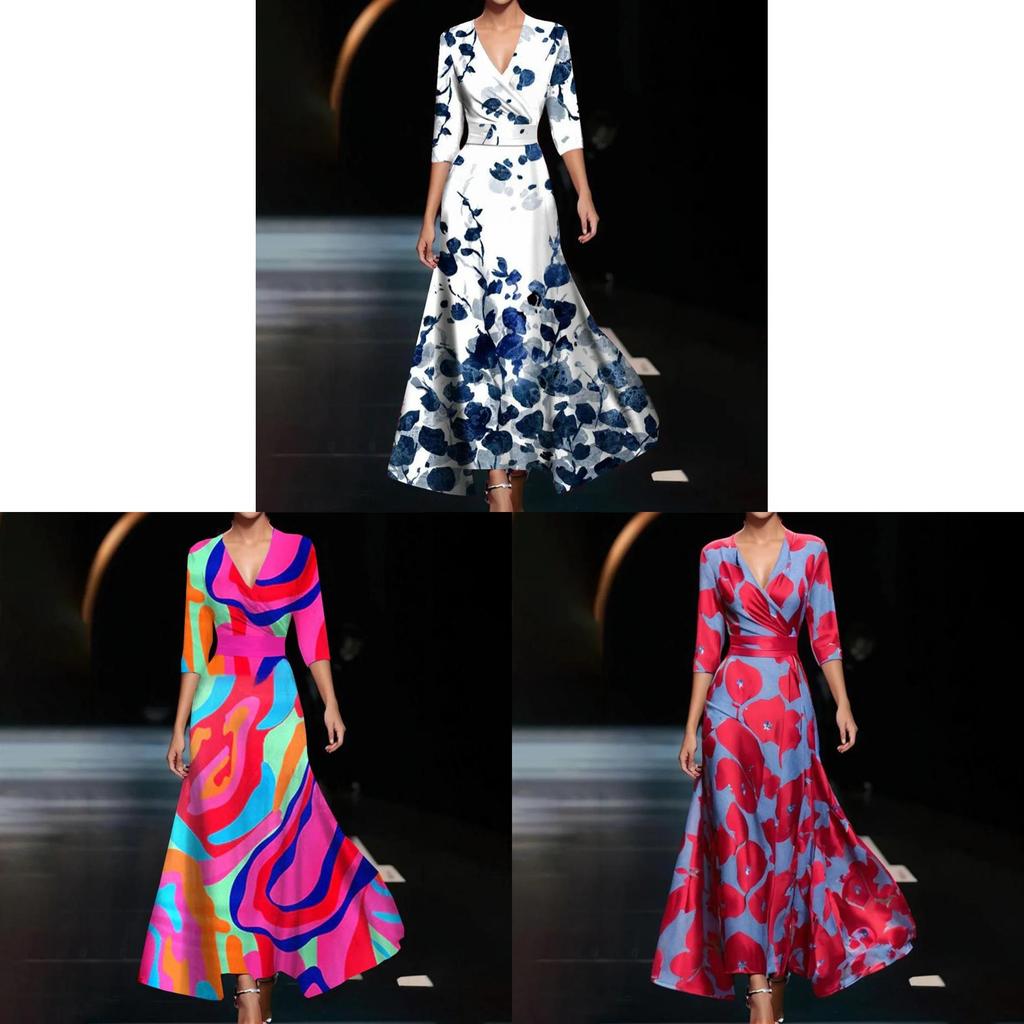Summer Polyester 3d Effect Print Vneck Midi Dress For Office Chic Women