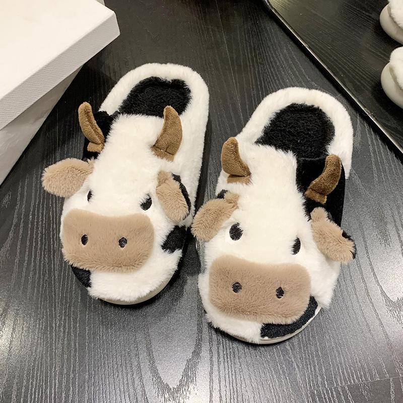 2024 New Winter Unisex Cartoon Cow Warm Plush Slippers Couple's Indoor Non-slip House Slides Men And Women Toe Wrap Home Cotton Shoes