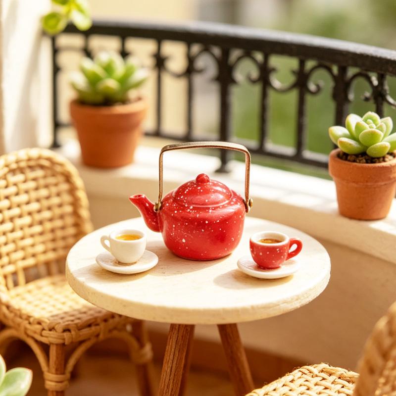 Classic 1:12 Scale Miniature Enamel Kettle for Dollhouse Kitchen Retro Design