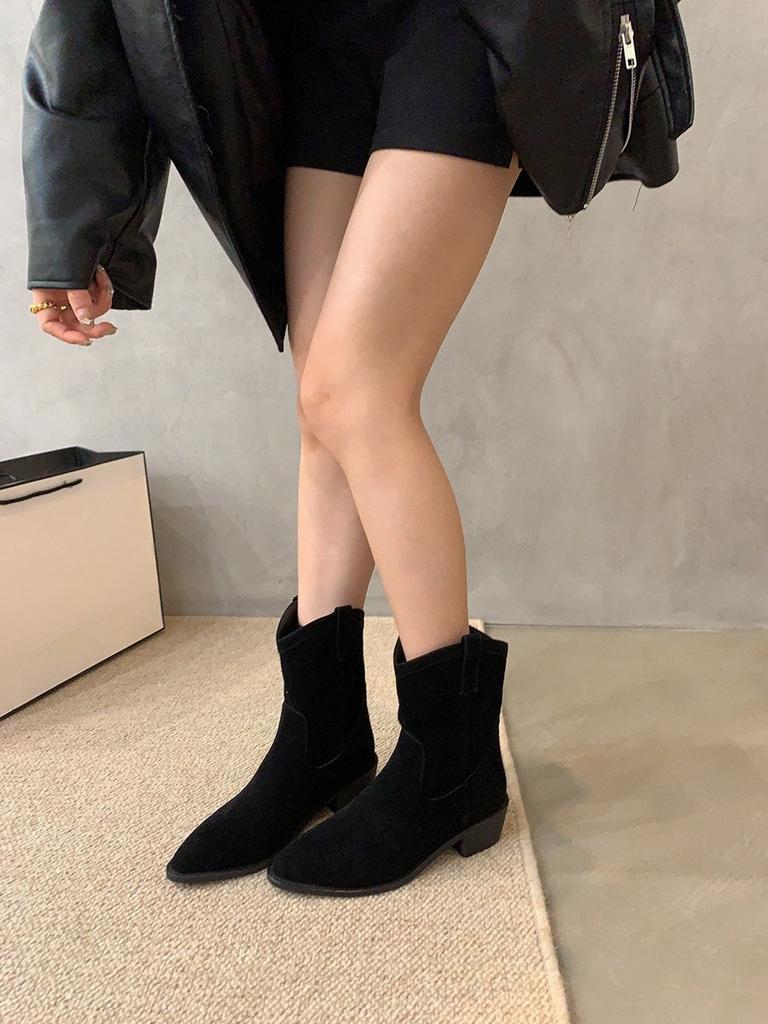 Thick Heel Pointed Retro Brown Western Cowboy Boots Women's Shoes 2024 New V-mouth Short Boots Spring and Autumn Martin Boots