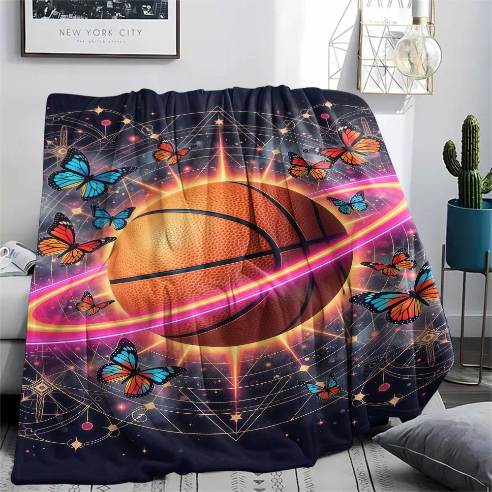1Pc StarRingball Print Flannel Blanket, High quality Comfortable for All Seasons, Home Decor, Warmth and Comfort, Perfect for Christmas Gifts