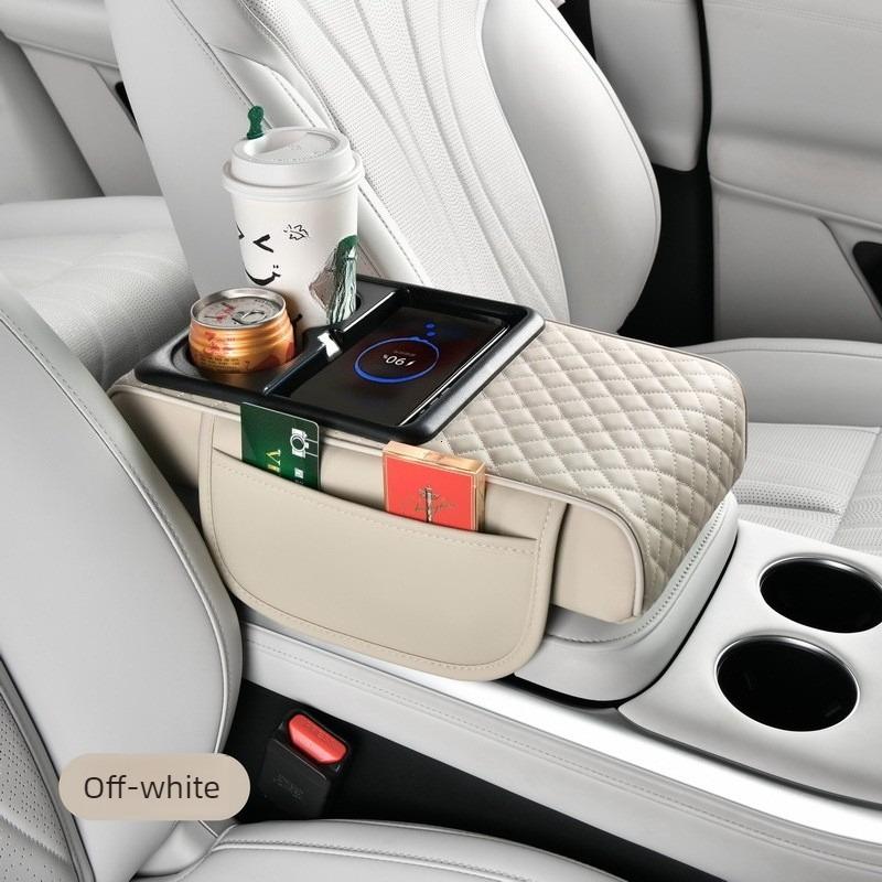 Multifunctional Car Armrest Box with Wireless Charging, Thicken Height Pad Arm Rest Cushion Storage Box Phone Cup Tissue Holder