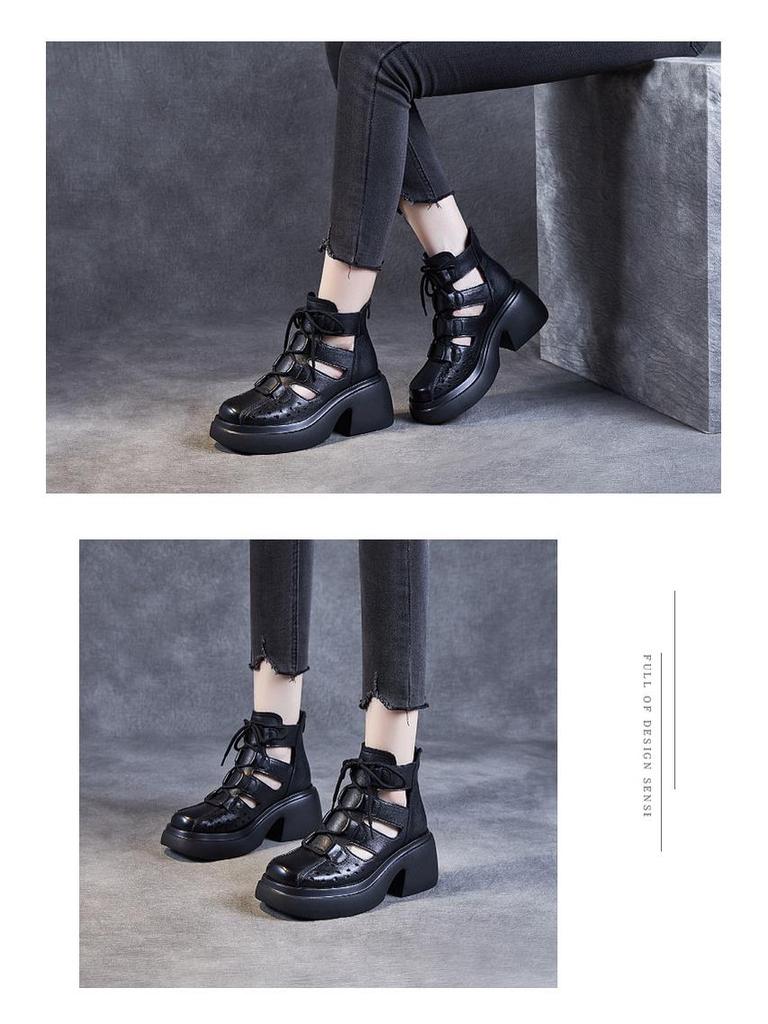 Женские ретро-римские сандалии из коровьей кожи: Коллекция лета 2024 г. — толстая подошва, ажурный дизайн, сетчатый стиль сапог