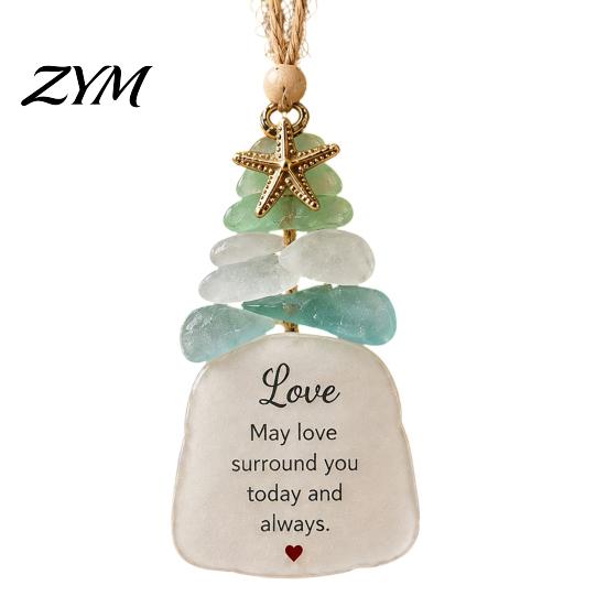 Sea Glass Christmas Decor Tree Ornament, Seaglass Art Hanging with Starfish Charm, Acrylic Ornaments Peace Love Joy Faith Family Friends Hope Pendant