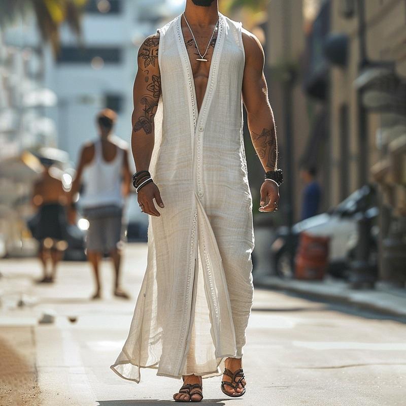 Resort Style Men's Casual Sleeveless Buttoned Cardigan Long Robe