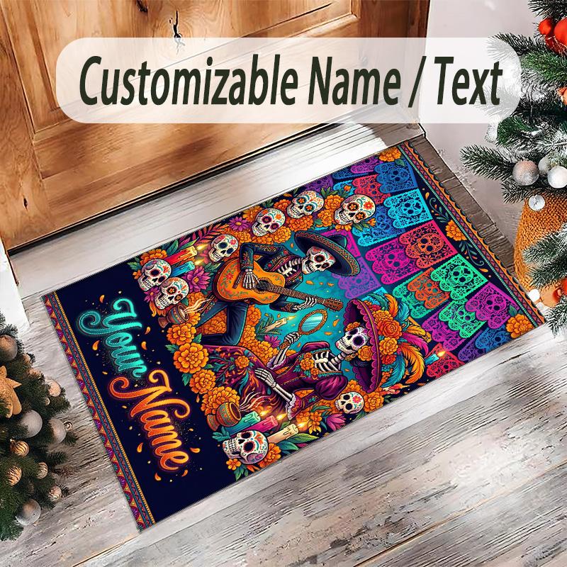 Day of the Dead Theme Crystal Velvet Rug Personalized Custom Name Text Soft Floor Mat Home Decor