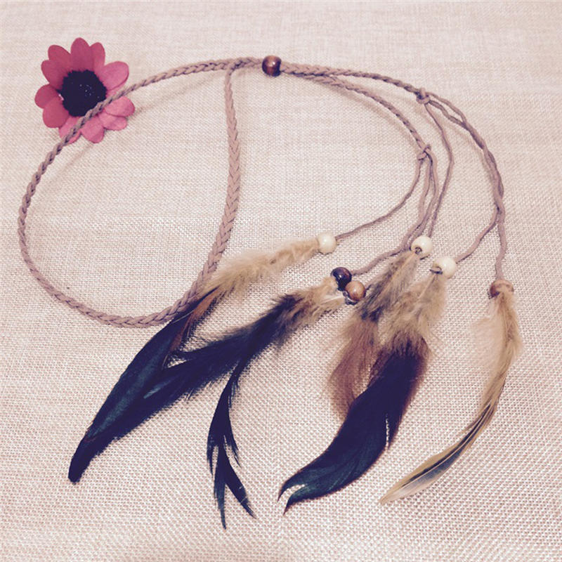 Hippie Indian Feather Headband Handmade Weave Feathers Hair Rope Headdress