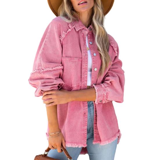 Женская джинсовая куртка с отложным воротником и пуговицами на подоле с бахромой, большой карман, однотонный, свободный, негабаритный, женское пальто средней длины, уличная одежда