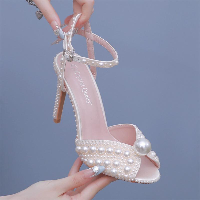10cm Fish Mouth High Heel Sandals White Pearl High Heel Women's Sandals Banquet Wedding Dress Bridal Shoes Women