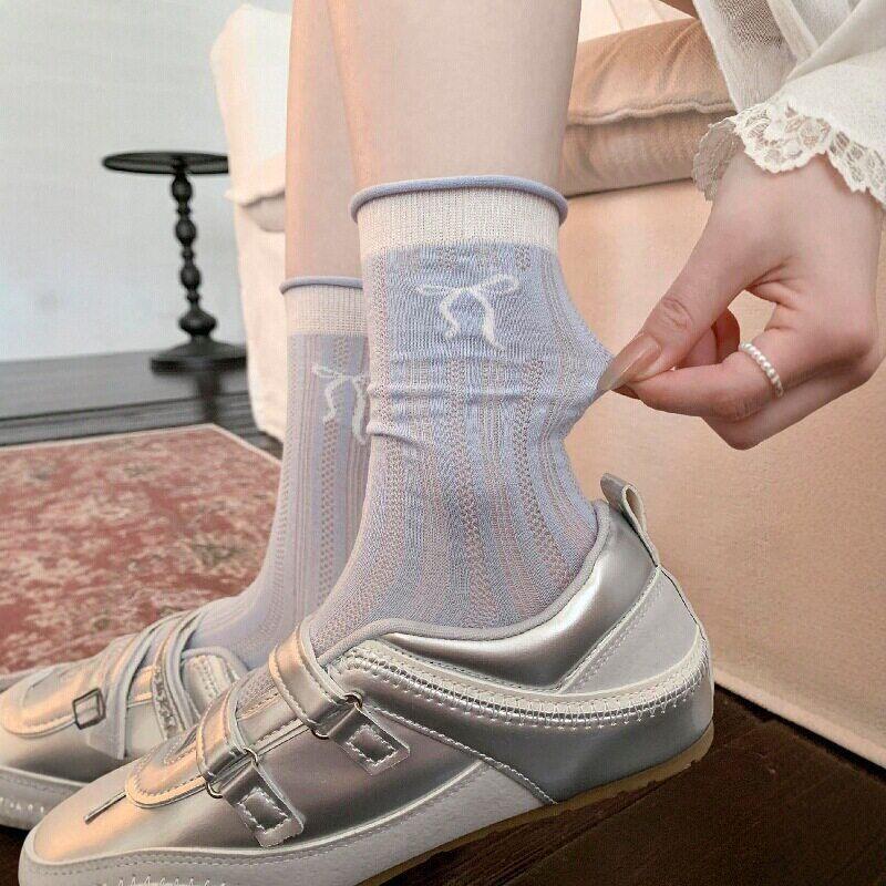 Ballet Style Hollow Calf Socks Women'S Spring And Summer Thin Breathable Stacking Socks Bow Lace Blue Versatile Stockings