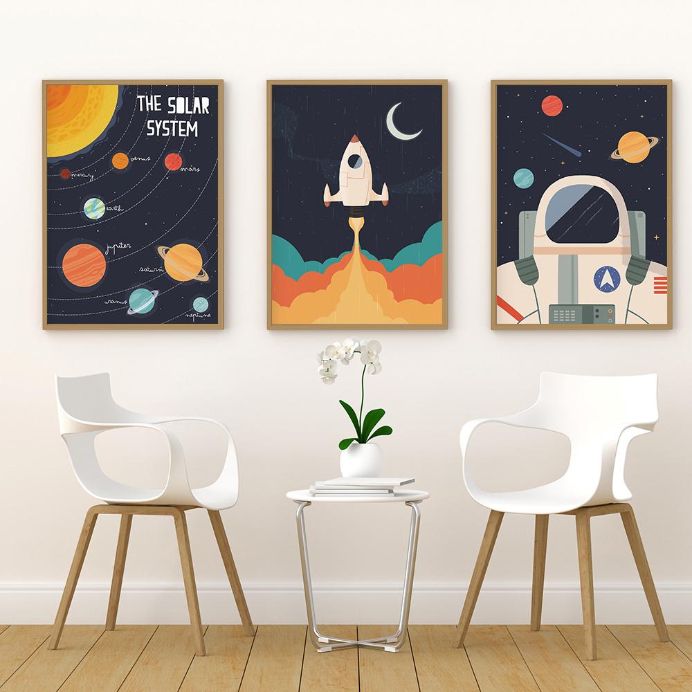 Solar System Wall Art Earth Poster Educational Print Spaceship Rocket Decoration Picture Astronaut Poster for Nursery Home Decor