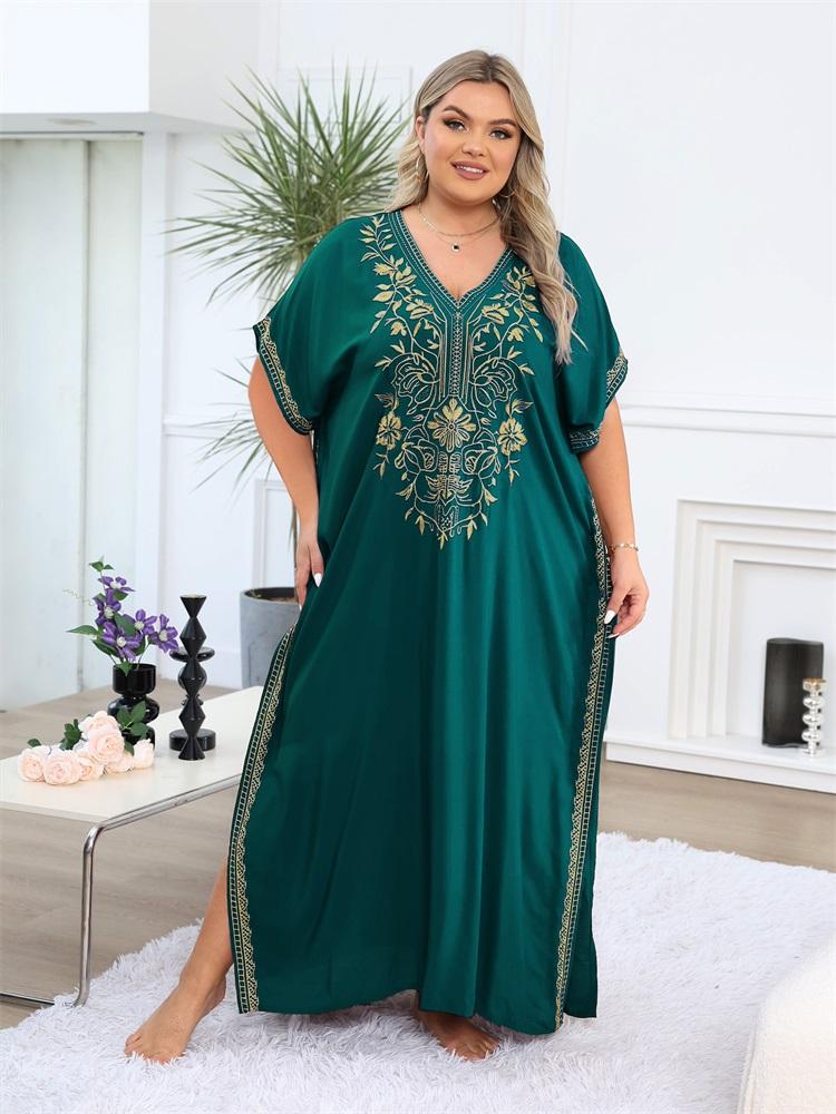 EDOLYNSA 2024 Elegant Gold Thread Embroidered Plus Size Kaftan Women Long Beach Dress Summer Vacation Homewear Swimsuit Cover Up Loose Caftan