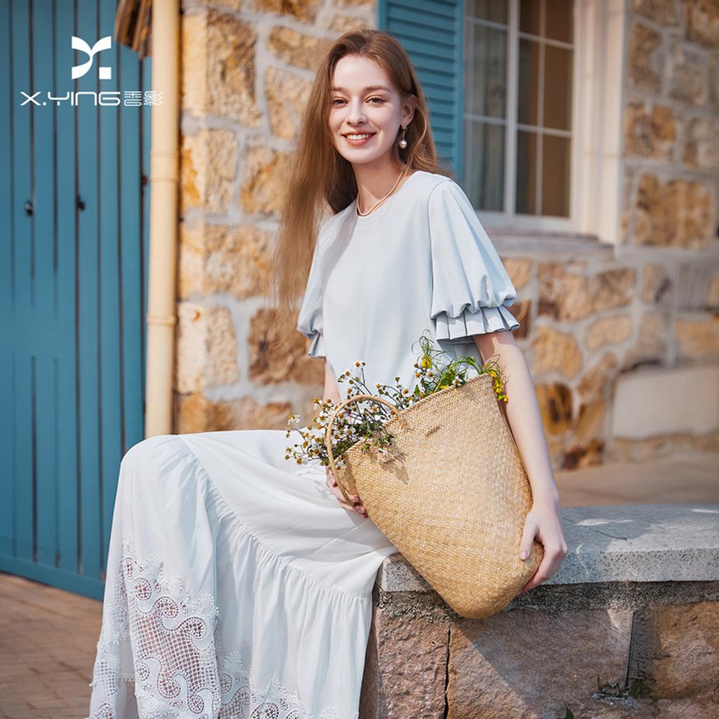 Fragrant Shadow White Bubble Sleeve T-shirt for Women's 2026 Summer New Cotton Shoulder Design Short Sleeve Round Neck Thin Top