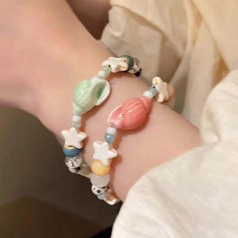 New Cute Geometry Star Conch Ceramic Glass Acrylic Beaded Bracelet Girl Kpop Aesthetic Charm Jewelry Y2K Marine Accessories