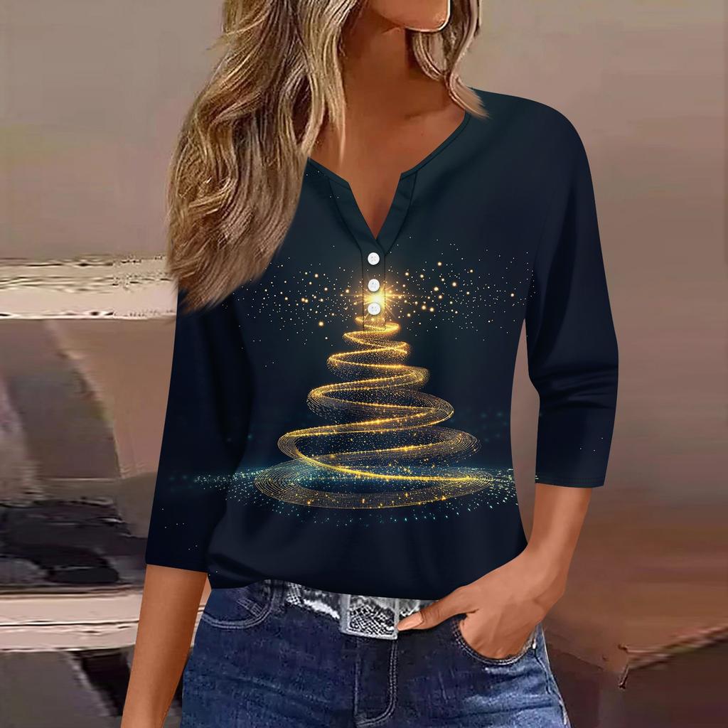 Жен. Футболка Футболка С принтом Пуговицы Рукав 3/4 Повседневные Выходные Мода Классический V-образный вырез Обычный Топ