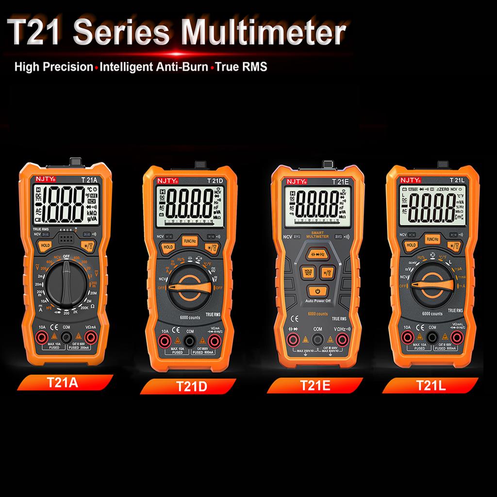 NJTY T21 Professional True RMS Digital Multimeter 6000 Counts True-RMS Auto/ Manual Range AC/DC Voltage Anti-Burn Voltmeter