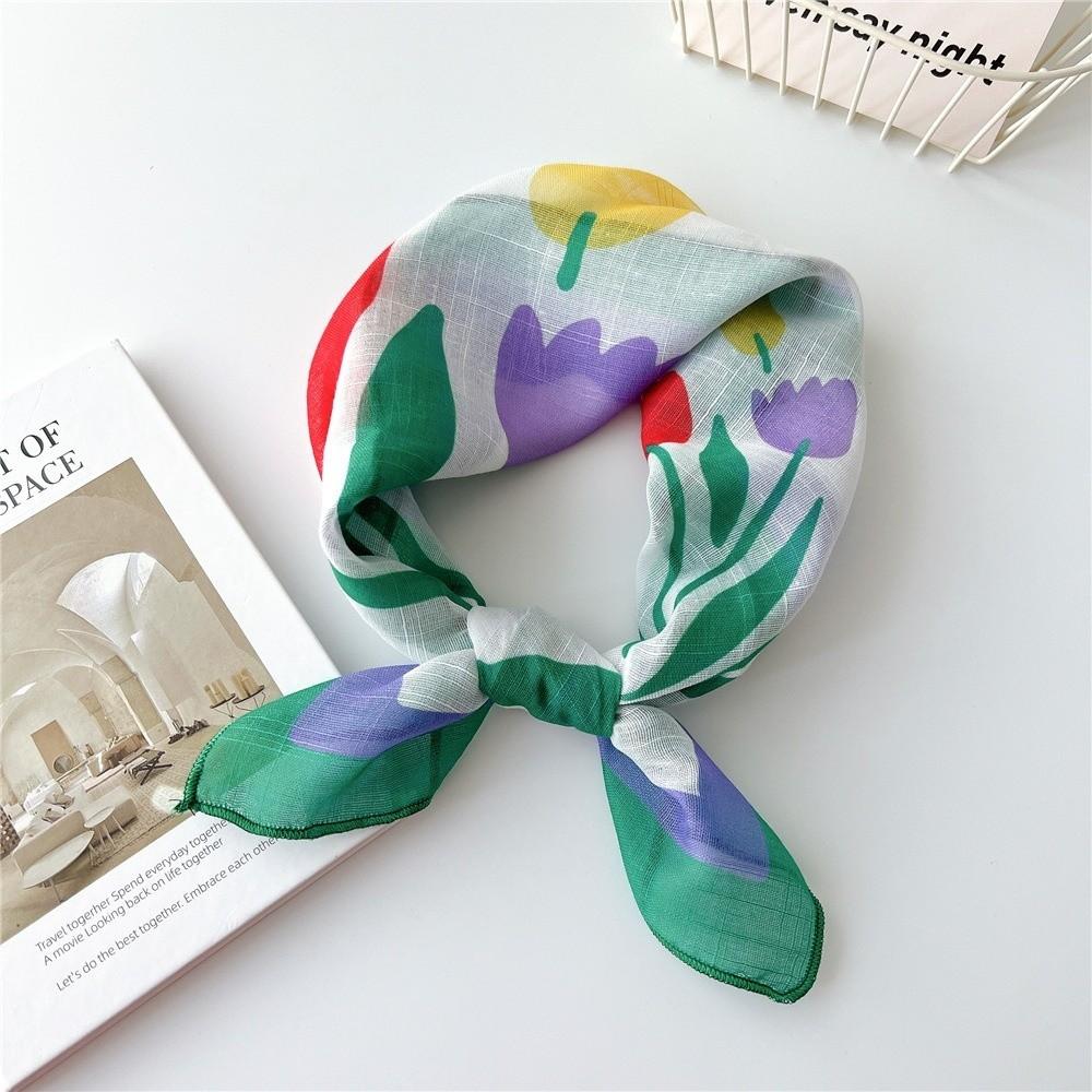 Fashion Floral Print Neckerchief Square Cotton Linen Neck Scarf Decorative Wrap Breathable Sunscreen Head Scarf
