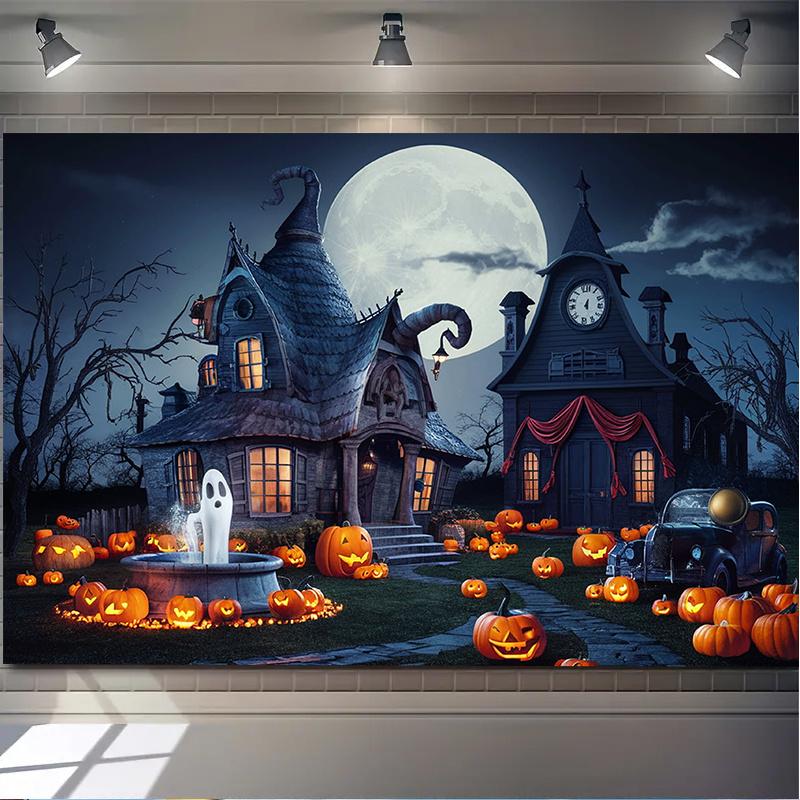 1pc Terrifying Halloween Polyester Banner - Wizard House Ghosts Pumpkins and Moonlit Cemetery Scenes