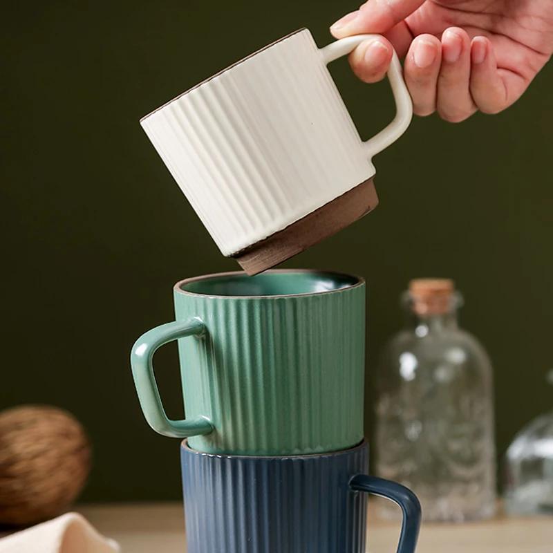 250ml Ceramic Coffee Mug Vintage Coffee Tea Cup Stripped Pattern Porcelain Mug with Handle Hotel Cafe Latte Mug Teacup Drinkware