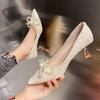 2025 New Pearl Bow Wine Glass and Single Shoes Korean Version Pointed Head Shallow Mouth High Heels Simple Commuter Women's Shoes