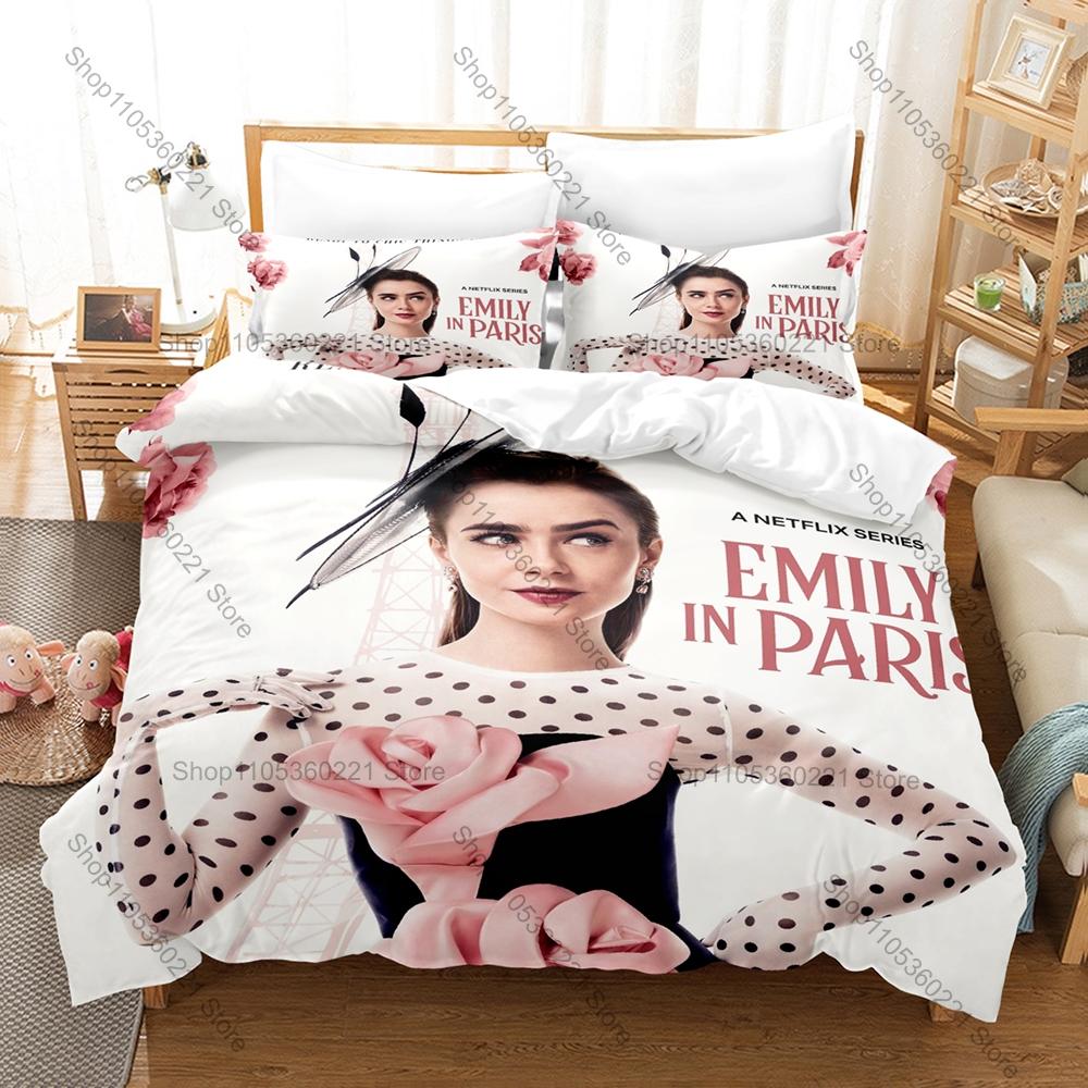 Popular Romantic French Drama Emily In Paris Full Printed 3PCS Bedding Duvet Cover + 2 Pillowcases Teen Dorm Home Decoration