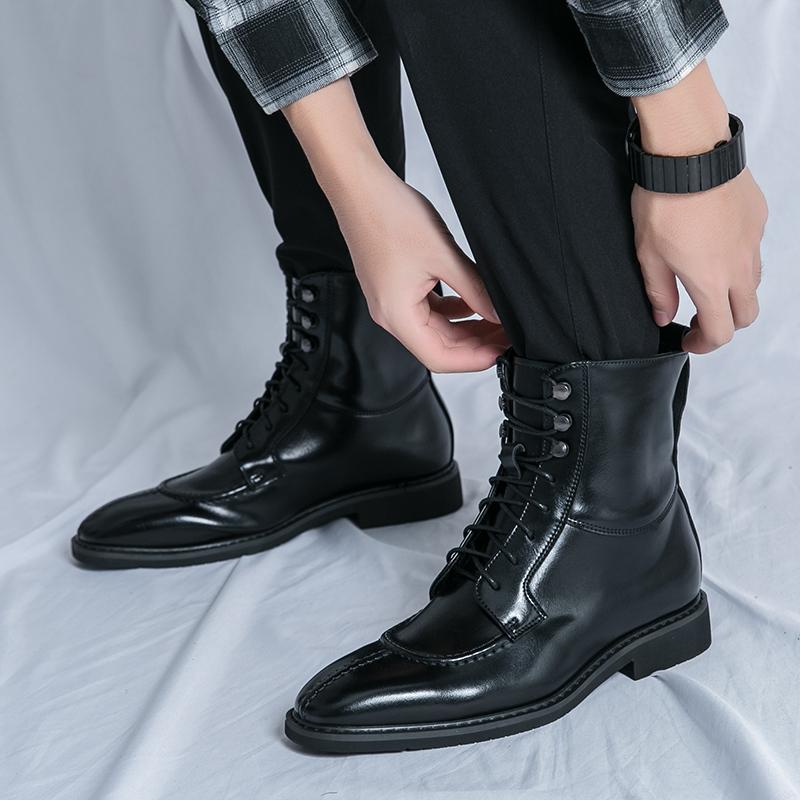 Winter New Luxury Motorcycle Boots Point-Toe Leather Boots Men Business Chelsea Boots Men Style Ankle Boots Riding Boots Lace-up