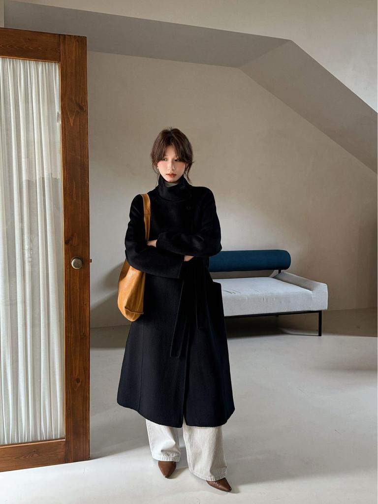 Корейское двустороннее кашемировое пальто с воротником-стойкой - Женское длинное пальто до колена на одной пуговице из смесовой шерсти