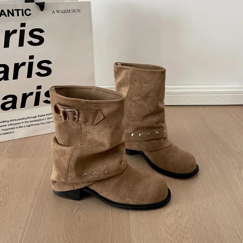 Зимние винтажные плиссированные женские ботильоны-трубы до щиколотки, модные туфли с ремешком на заклепках и пряжке, женские лаконичные ботильоны на толстом каблуке