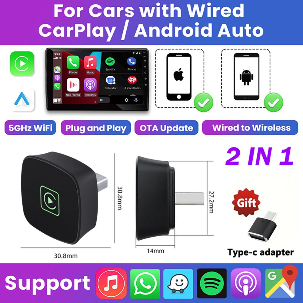 2025 Новый Carplay Box 2-в-1 Беспроводной Carplay и Android Auto Мини-адаптер Bluetooth для автомобиля с OEM-обновлением для Mazda Kia