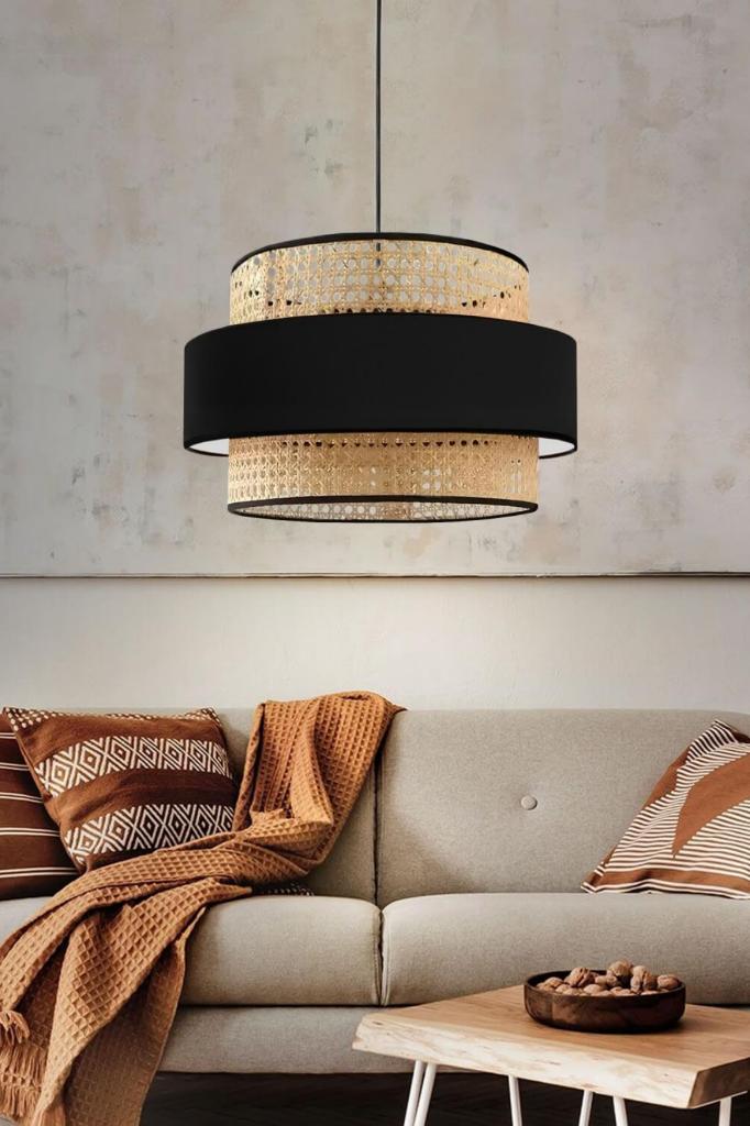 Bohemian Trio Metal Frame Real Rattan and Black Fabric Living Room Chandelier Three-Layer Cake Bedroom Pendant Lamp