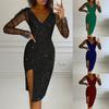 Women's Sexy Mesh Sequins Long Sleeve V-Neck Split Midi Party Clubwear Dress