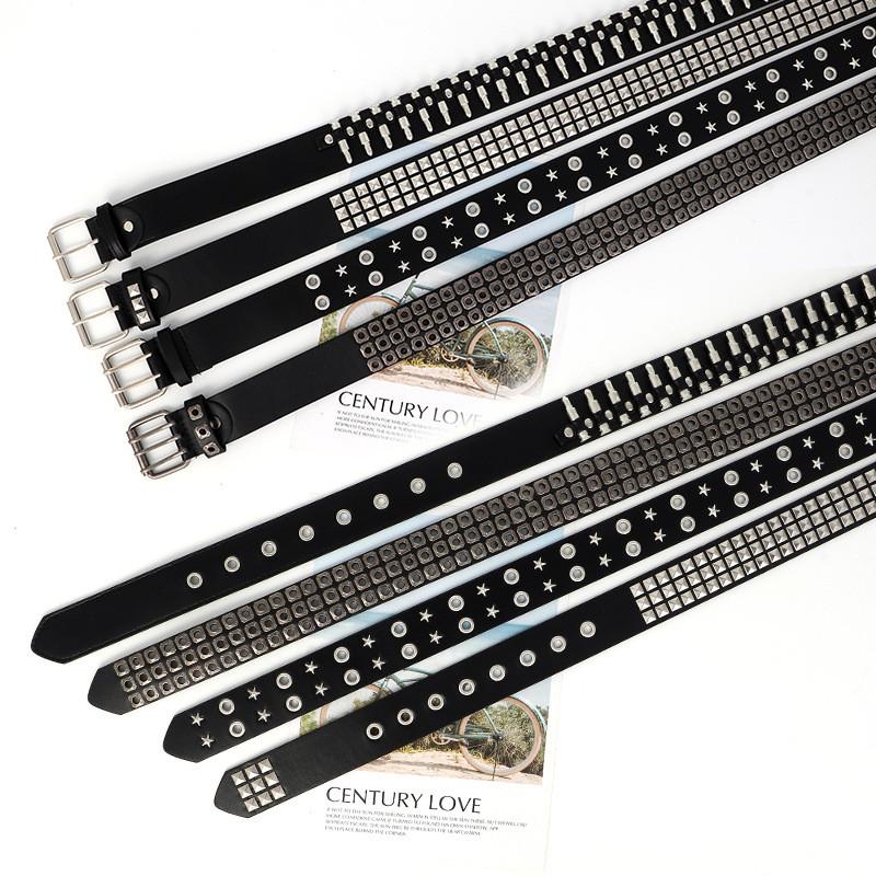 Leather Style Punk Belt With Three Row Hollow Square Buckle Bullet Head Design