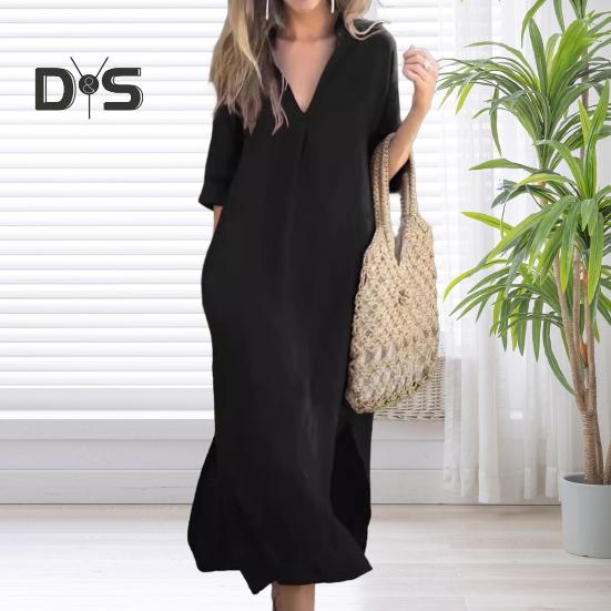 Summer Dress Three-quarter Sleeves Side Slit Loose V Neck Midi Dress with Pockets Solid Color Pleated Pullover Calf Length Casual Dress