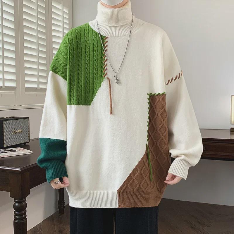 Men's Warm Knitted Winter Turtleneck Sweater - Contrast Design, Long Sleeve