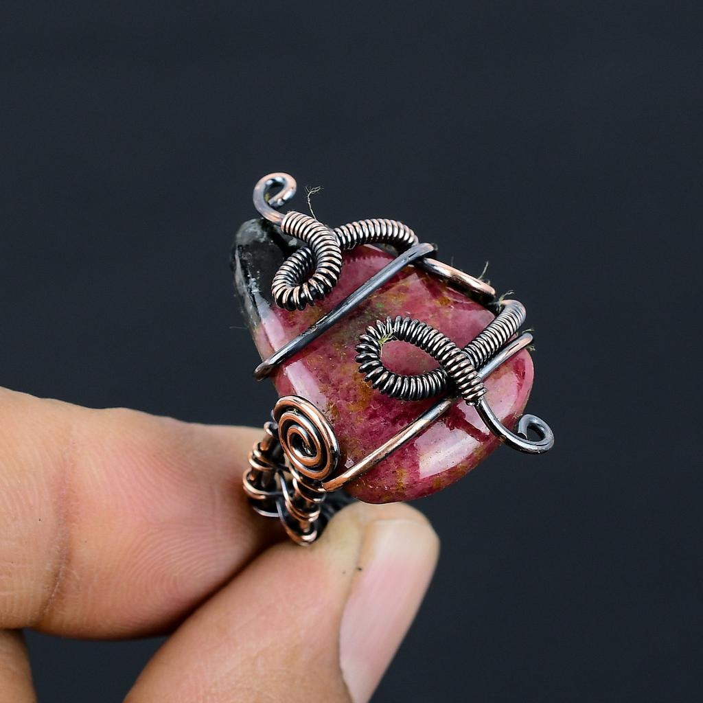 Natural Rhodochrosite Gemstone Handmade Copper Wire Wrap Ring Size 6 T6s17