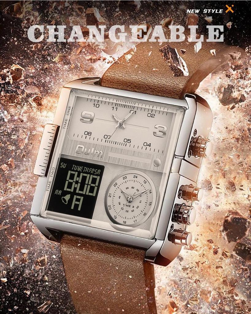 Мужские спортивные водонепроницаемые часы Oulm с квадратным циферблатом, многофункциональными особенностями и золотым кожаным ремешком