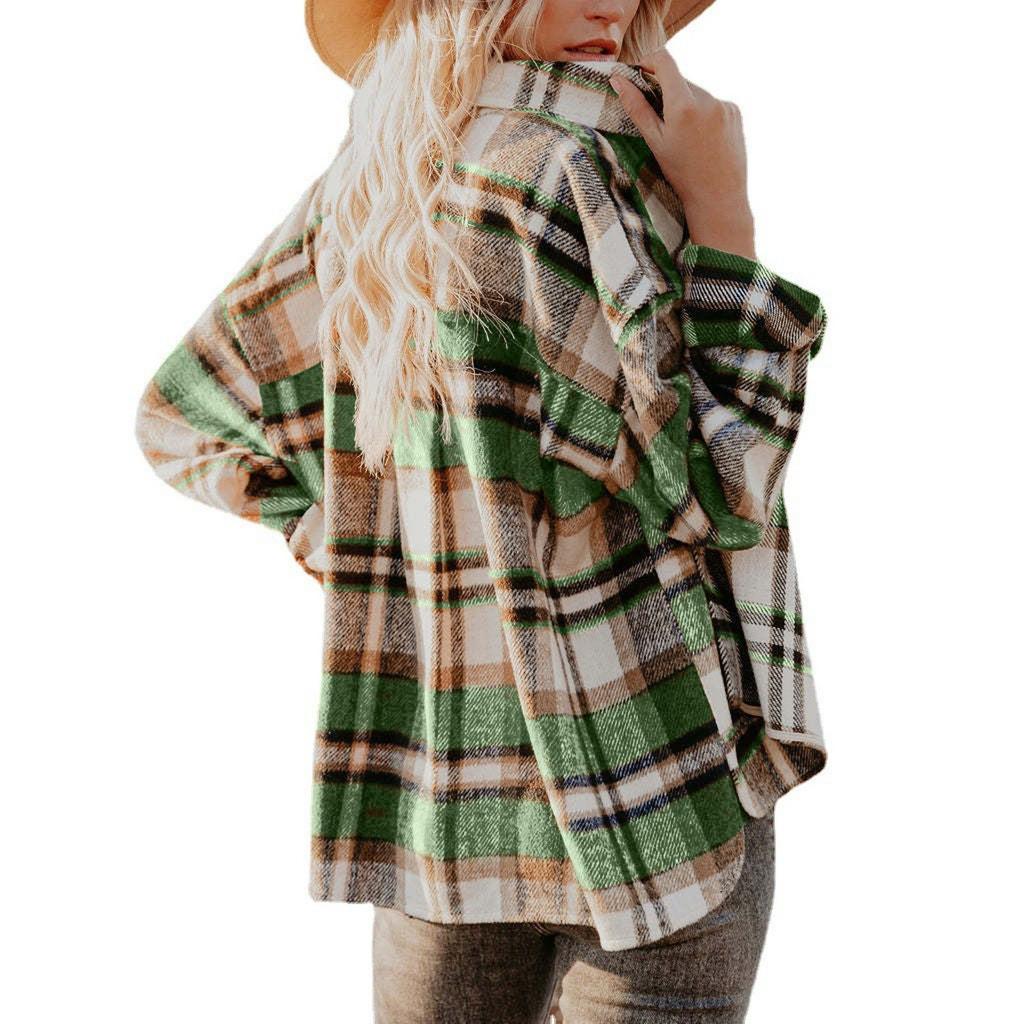 Модные женские повседневные топы в клетку с длинным рукавом и воротником-стойкой, пальто