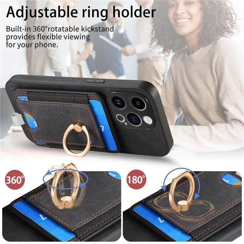 Wireless Ring Leather Wallet Phone Case for iPhone 15 Pro Max 14 Plus 13 12 11 for Samsung Galaxy S24 Ultra S23 S22 S21 FE A35 A15 A05 A54 A34 Cover