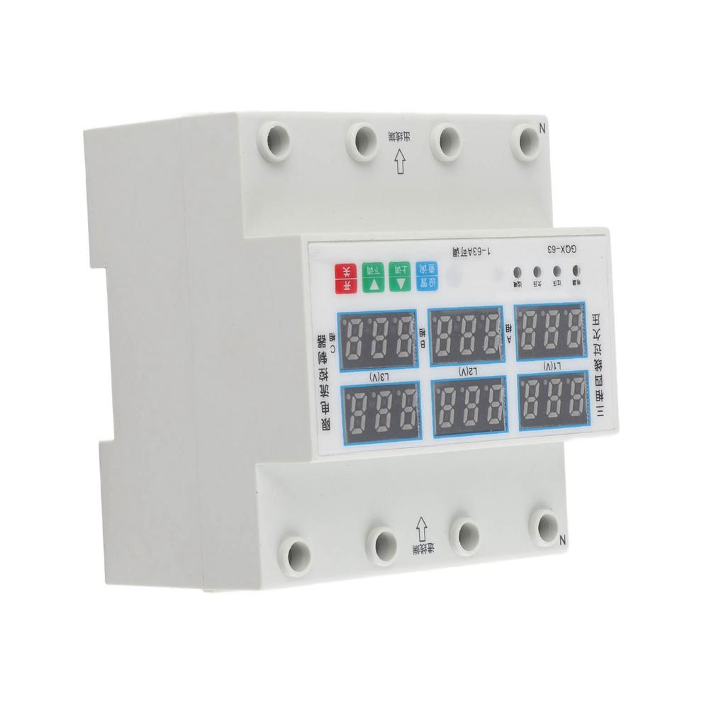 3-фазный вольтметр на DIN-рейку, амперметр, регулируемый предохранитель от перенапряжения, пониженного напряжения и перегрузки по току 63A