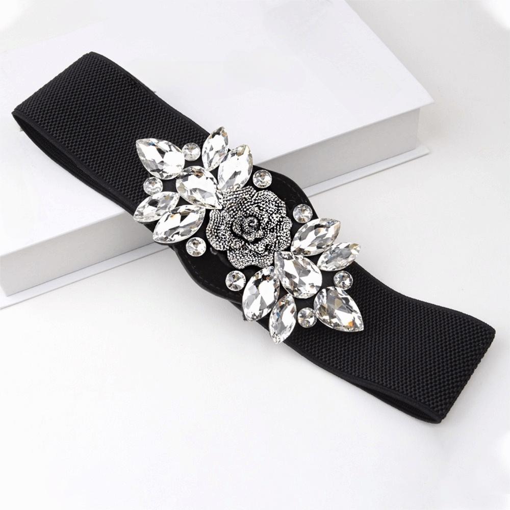 Rose Flower Elastic Cummerbunds Korean Style Rhinestone Waist Belt Fashion Women Waistband Dress