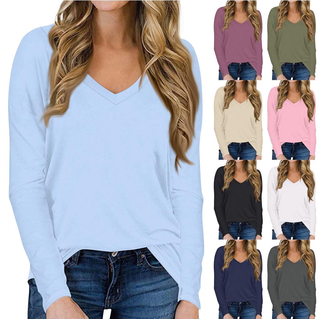 Женская повседневная однотонная футболка с длинными рукавами и V-образным вырезом, топ, пуловер