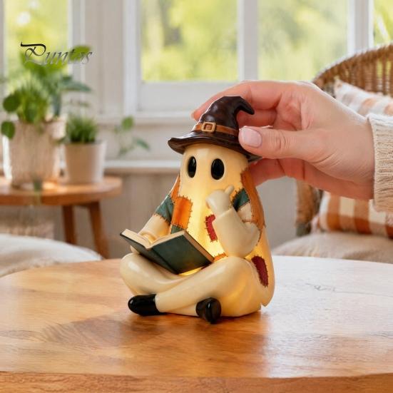Уникальные осенние подарки Винтажная фигурка призрака в стиле пэчворк, Милая статуэтка со светодиодной подсветкой для чтения книги, Жуткое полимерное украшение-статуэтка на Хэллоуин для настольной полки