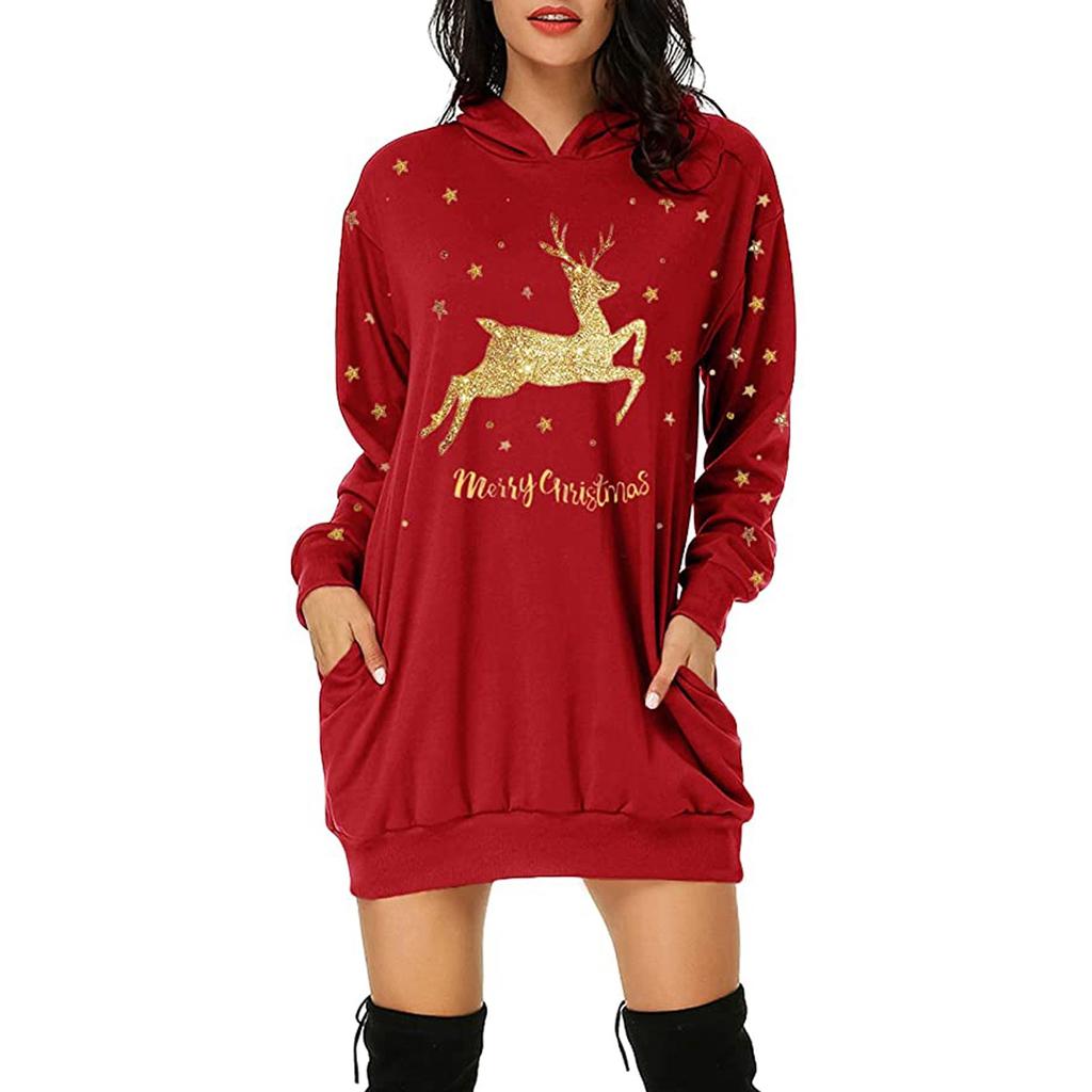 Women's Fashion Christmas Hip Pocket Print Hoodie Fashion Dress