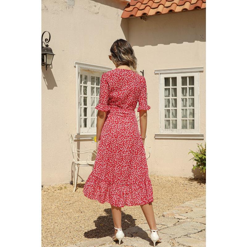 YYFS Женская мода лето весна цветочный узор принт с коротким рукавом V-образным вырезом с высокой талией повседневные платья