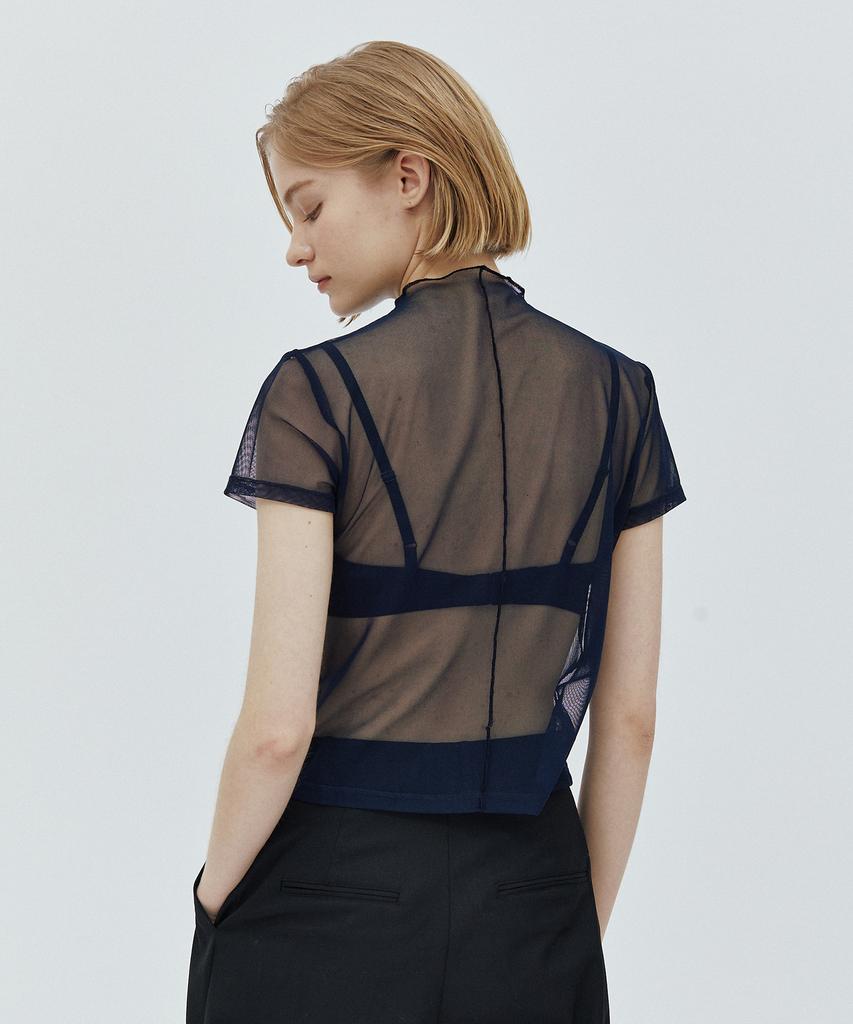 WEARIS Прозрачная сетчатая футболка с коротким рукавом_Темно-синяя