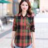 Women's Spring and Autumn Plaid Shirt Standing Collar Long Sleeve Shirt Vintage Loose Shirt