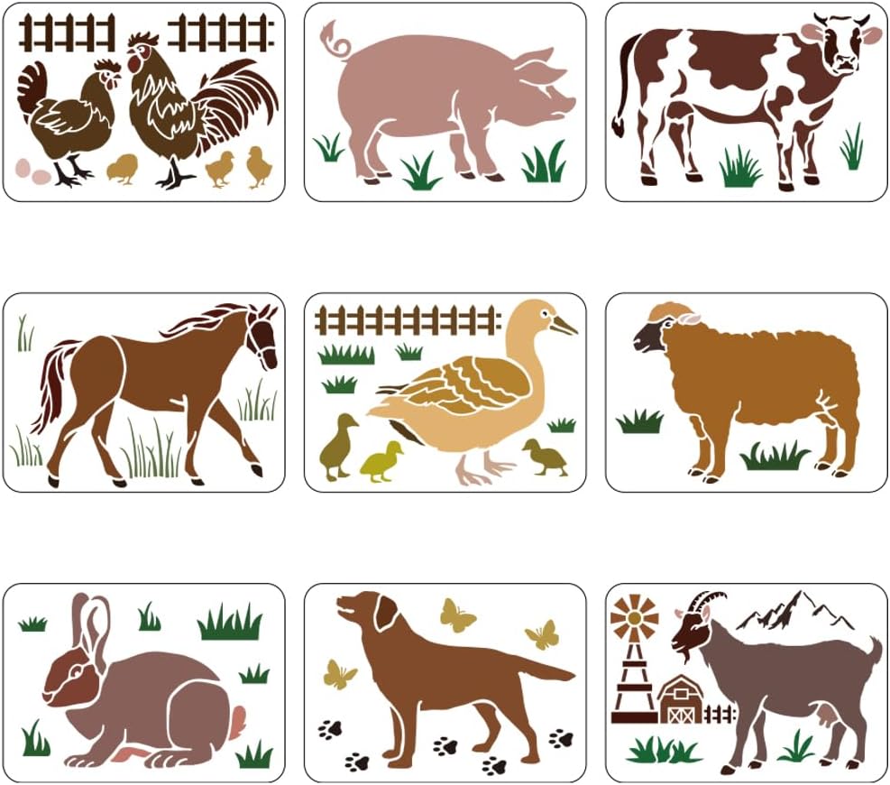 Plastic Reusable Drawing Painting Stencils Templates Sets for Painting on Fabric Canvas Tiles Floor Furniture Wood Animal Pattern 29.7x21cm 9pcs/set