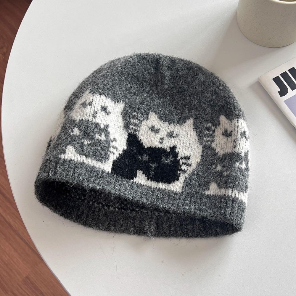 Warm Jacquard Pattern Beanies Fair Isle Style Printing Knit Cap Jacquard Cat Knitted Hat Girls