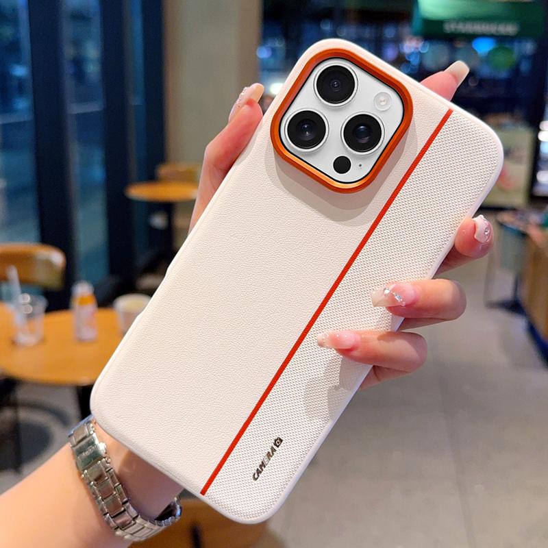 For iPhone 16 Pro Case Splicing PC + PU Leather Phone Back Cover with Metal Lens Ring/Buttons